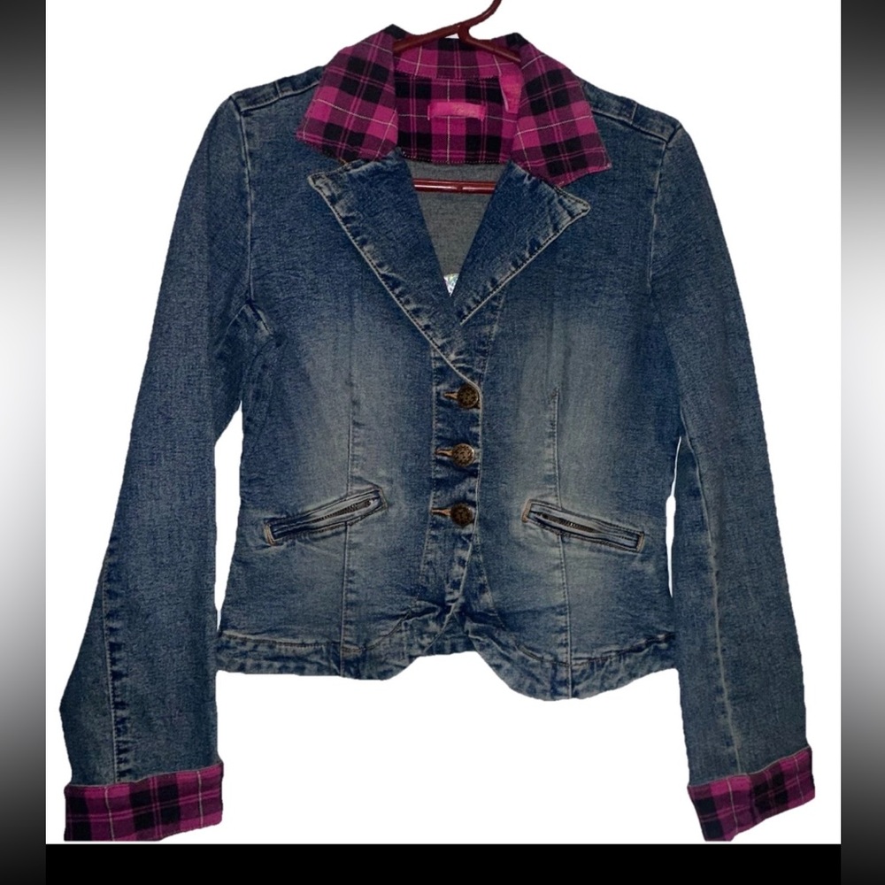 NWOT Y2K Traffic Soda Cropped Denim Blazer With Plaid Accent & Embroidered Back - Picture 5 of 11